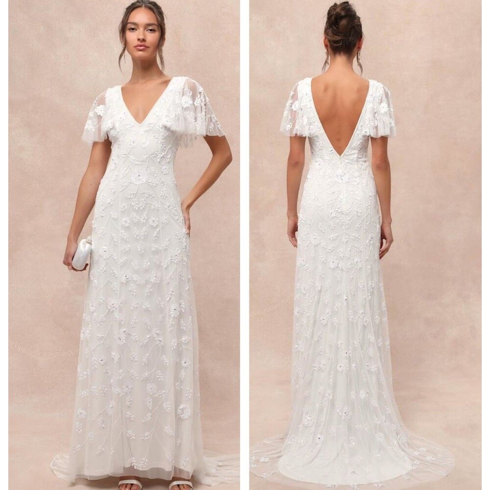 Lulu's White Embellished V-Neck Wedding Safiya Dress with Flutter Sleeves